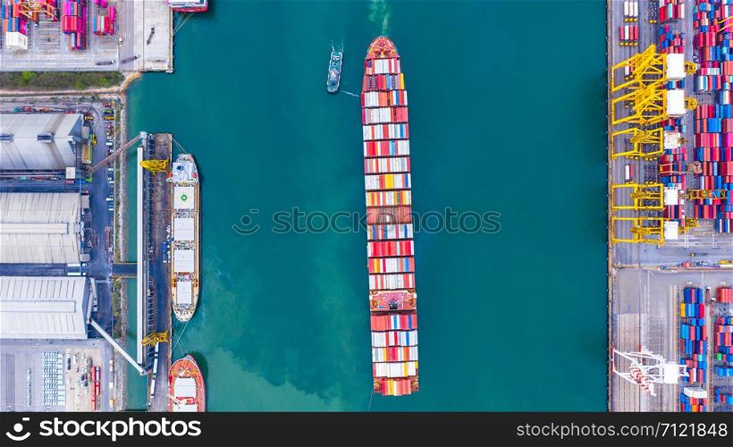 Container ship loading and unloading in deep sea port, Aerial view of business logistic import and export freight shipping transportation by container ship in open sea.