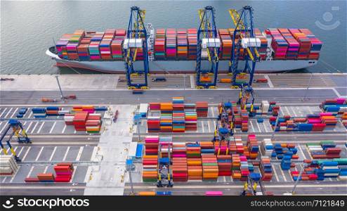 Container ship loading and unloading in deep sea port, Business logistic import and export freight shipping transportation by container ship in open sea.