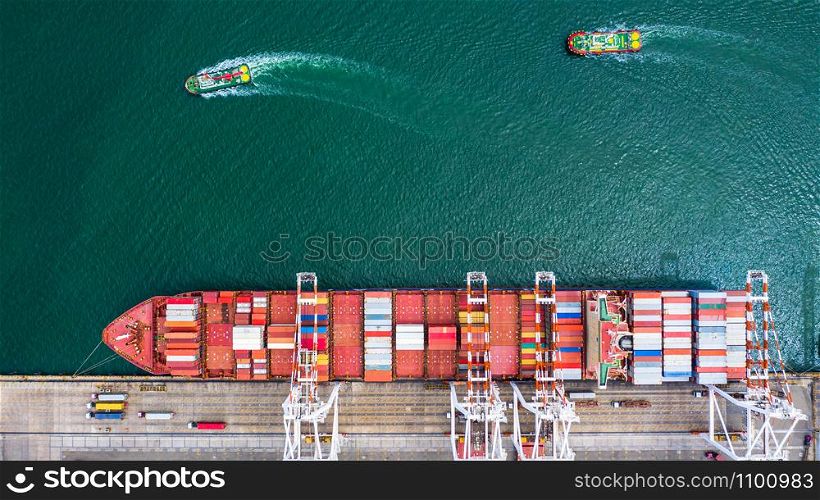 Container ship loading in a port, Aerial top view container ship in business import export transportation logistic.