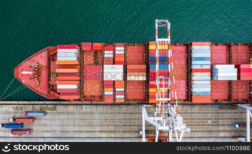 Container ship loading in a port, Aerial top view container ship in business import export transportation logistic.