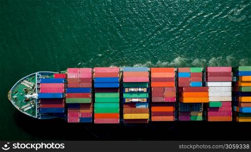 Container ship sailing the ocean, Business cargo logistics service and transportation of International container ship in the ocean freight transportation, Aerial view Container loading cargo freight