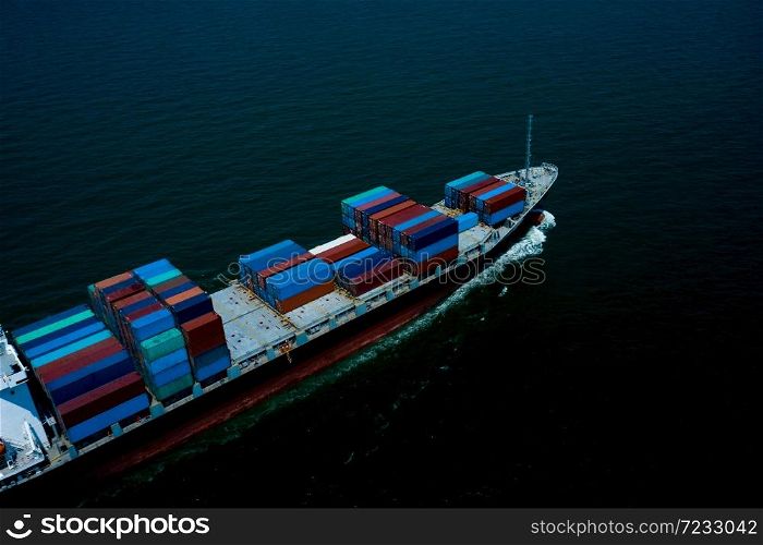 Container ship sailing the ocean, Business cargo logistics service and transportation of International container ship in the ocean freight transportation, Aerial view at night process