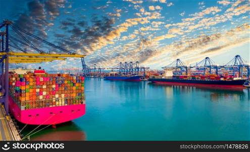 Container ship unloading in deep sea port, Global business logistic import export freight shipping transportation oversea worldwide by container ship in open sea, Container vessel loading cargo freight ship.