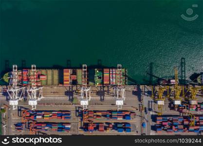 container shipping terminal International business services and shipping loading and unloading container in Thailand aerial top view from drone