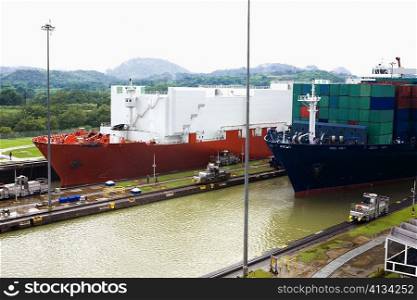 Container ships at a commercial dock, Panama Canal, Panama