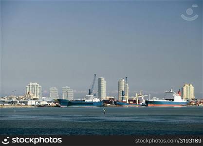 Container ships moored at a harbor, Miami, Florida, USA