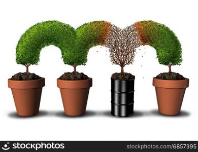 Contaminated environment concept with pollution and toxic contaminant in the soil as a dead tree segment growing in a a petroleum oil can or dangerous chemical barrel killing nature with 3D illustration elements.