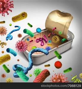 Contaminated food concept and tainted meal poisoning symbol resulting in illness due to dangerous toxic bacteria parasites and viruse contaminants as salmonella and e coli as an open.