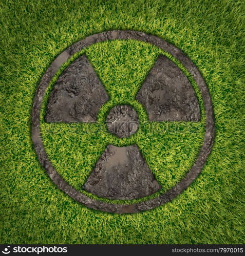 Contaminated soil concept with a green grass and the radio active symbol embosed in the ground exposing the poisoned earth as an icon of environmental disaster after a nuclear disaster and the dangerous fallout that lingers on.