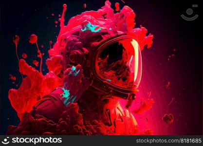 Contemporary abstract artwork of astronaut in space suit floating in the vastness of deep space and red fluid or smoke. Cosmic exploration or travel in the state of mind concept. Superb Generative AI.. Astronaut floating in the deep space with red fluid of ink