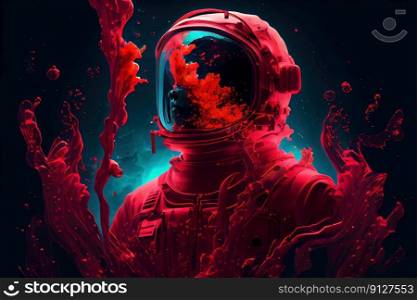 Contemporary abstract artwork of astronaut in space suit floating in the vastness of deep space and red fluid or smoke. Cosmic exploration or travel in the state of mind concept. Superb Generative AI.. Astronaut floating in the deep space with red fluid of ink