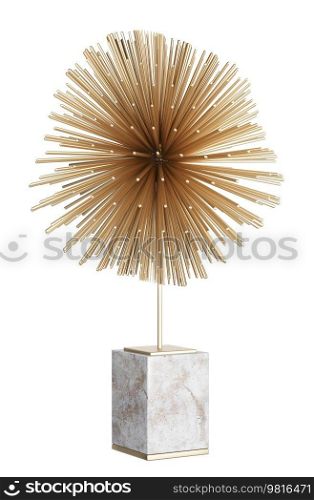 Contemporary abstract golden sculpture with marble base. Metal home decor and accents. Home decorative accessories. Isolated interior objects set. 3d rendering