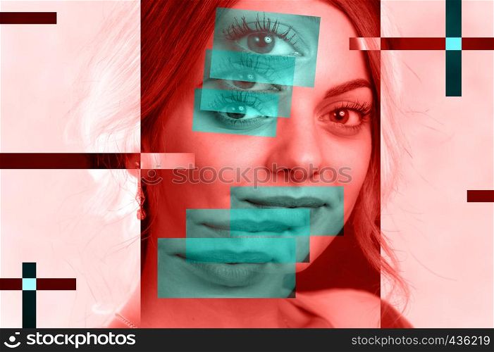Contemporary art poster abstract collage with attractive female model. Minimal design concept. Modern art.. Contemporary art poster abstract collage with attractive woman. Minimal design concept. Modern art.
