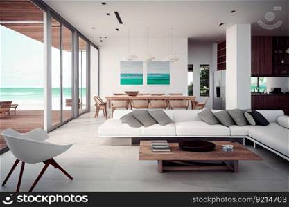 contemporary beachfront villa with sleek furniture and minimalist design, perfect for a modern getaway, created with generative ai. contemporary beachfront villa with sleek furniture and minimalist design, perfect for a modern getaway