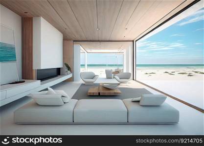 contemporary beachfront villa with sleek furniture and minimalist design, perfect for a modern getaway, created with generative ai. contemporary beachfront villa with sleek furniture and minimalist design, perfect for a modern getaway