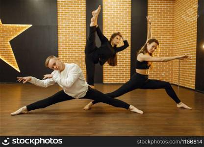 Contemporary dance performers poses in studio. Female and male dancers training in class, modern grace dancing, stretching exercise