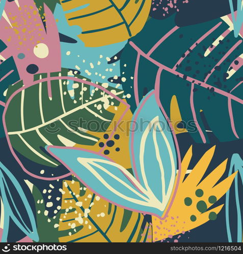 Contemporary exotic floral seamless pattern. Creative tropical hand drawn textures. Contemporary collage design. Modern wallpaper, fabric and packaging design. Botanical vector illustration. Contemporary exotic floral seamless pattern. Creative tropical hand drawn textures.