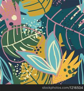 Contemporary exotic floral seamless pattern. Creative tropical hand drawn textures. Contemporary collage design. Modern wallpaper, fabric and packaging design. Botanical vector illustration. Contemporary exotic floral seamless pattern. Creative tropical hand drawn textures.