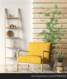 Contemporary interior with yellow armchair and ladder shelf in modern living room with wooden panelling, home design 3d rendering