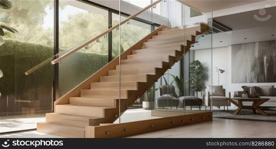 Contemporary interior wooden stair in home at living room. distinct generative AI image.. Contemporary interior wooden stair in home at living room