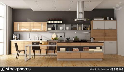 Contemporary kitchen with island,dining table and chair - 3d rendering. Contemporary kitchen with island