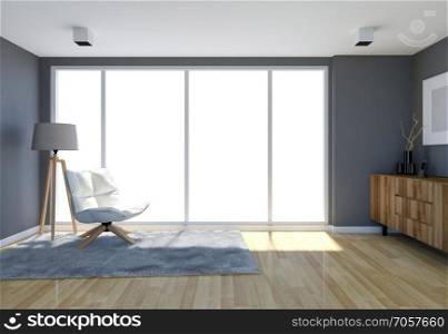 Contemporary living room interior with grey wall and large windows, 3D Rendering