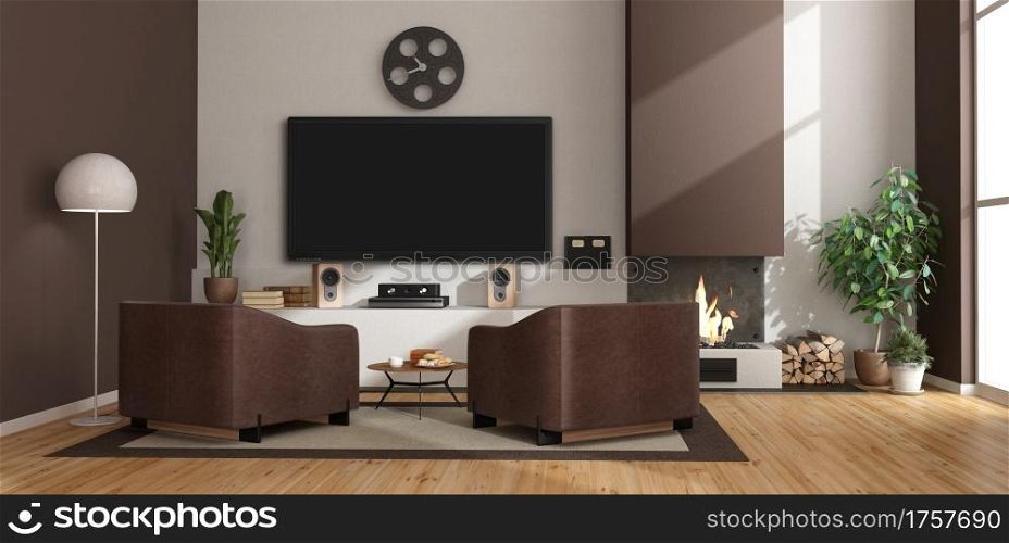 Contemporary living room with fireplace, leather armchairs and tv set - 3d rendering. Modern living room with fireplace,armchairs and tv set