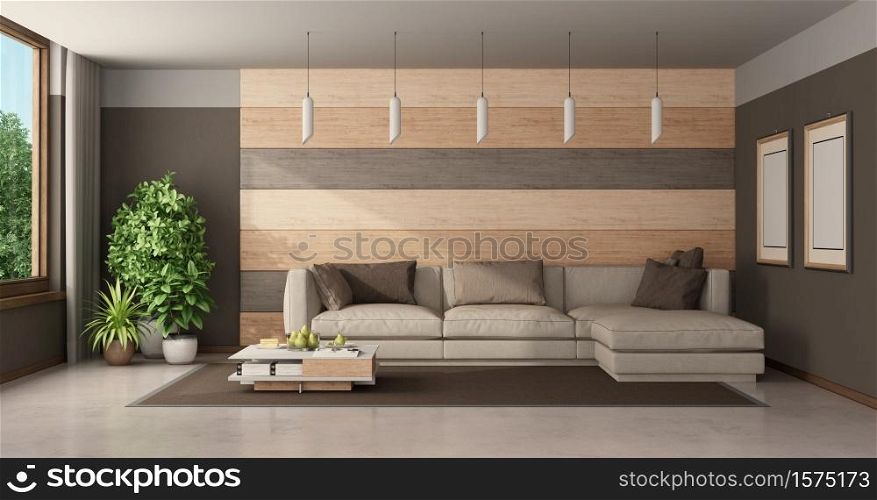 Contemporary living room with sofa against wooden paneling and brown wall - 3d rendering. Modern living room with sofa against wooden paneling