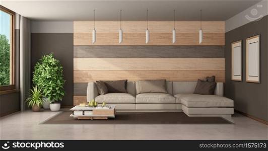 Contemporary living room with sofa against wooden paneling and brown wall - 3d rendering. Modern living room with sofa against wooden paneling