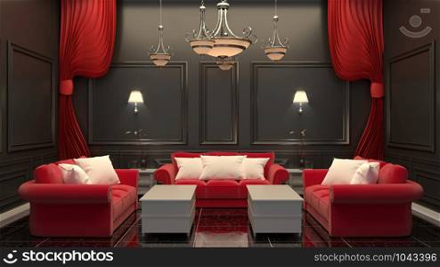 Contemporary room interior red sofa on black floor and black wall. 3D rendering