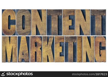content marketing - isolated word abstract in grunge letterpress wood type printing blocks