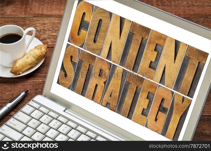 content strategy - text in letterpress wood type printing blocks on a laptop screen with cup of coffee