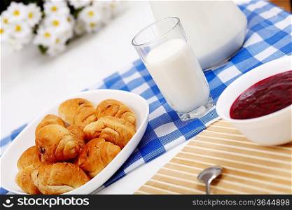 Continental breakfast with croisant and glass of milk