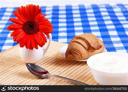 Continental breakfast with croisant on white plate