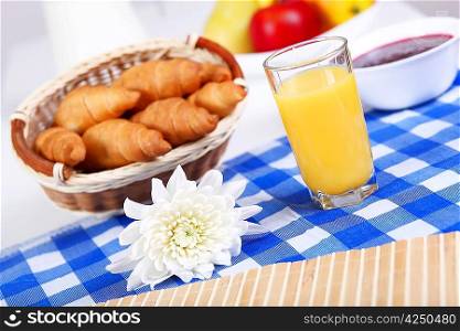 Continental breakfast with croissant and glass of milk