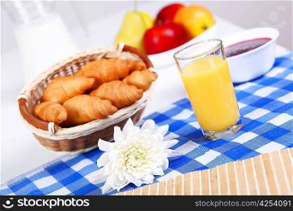 Continental breakfast with croissant and glass of milk