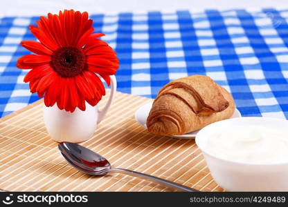 Continental breakfast with croissant on white plate