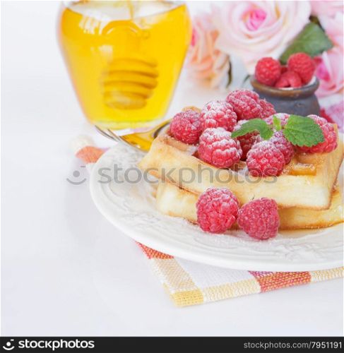 Continental breakfast with sweet waffles, raspberries and honey