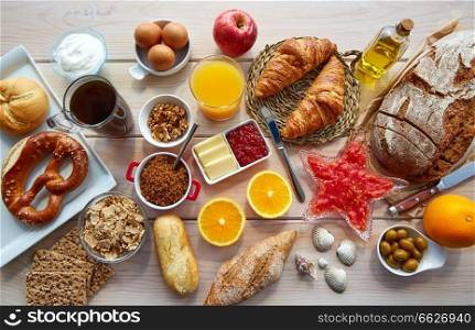Continental buffet breakfast with assorted healthy food and coffee