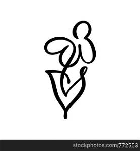 Continuous line hand drawing calligraphic flower concept logo spa. Scandinavian spring floral design element in minimal style. black and white.. Continuous line hand drawing calligraphic flower concept logo spa. Scandinavian spring floral design element in minimal style. black and white