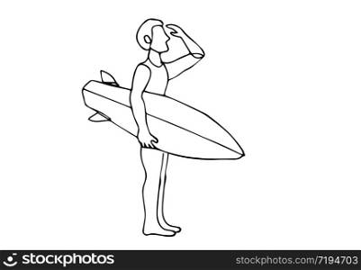 Continuous one single drawn line of a surfer with a surfboard on the beach