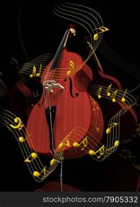 Contrabass surrounded with golden notes on black mirror background. 3-dimensional render