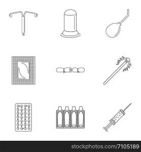 Contraception icon set. Outline set of 9 contraception vector icons for web design isolated on white background. Contraception icon set, outline style