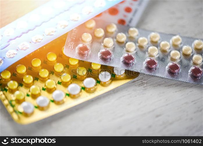 Contraceptive pill Prevent Pregnancy Contraception concept Birth Control on wooden background / health care and medicine