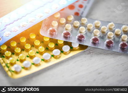 Contraceptive pill Prevent Pregnancy Contraception concept Birth Control on wooden background / health care and medicine