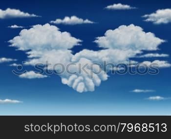 Contract agreement vision in a meeting of a group of two cumulus clouds on a blue sky shaped as hands of business people coming together to form a strong collaboration for the future.