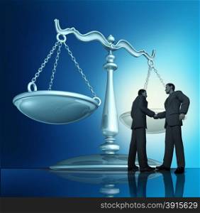Contract agreement with a group of two businessmen shaking hands in a legal partnership with a scale of justice in the background as a concept of teamwork in business.