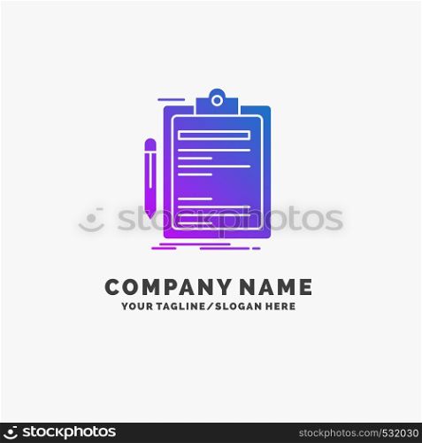Contract, check, Business, done, clip board Purple Business Logo Template. Place for Tagline.. Vector EPS10 Abstract Template background