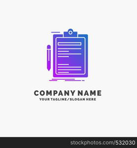 Contract, check, Business, done, clip board Purple Business Logo Template. Place for Tagline.. Vector EPS10 Abstract Template background