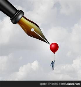 Contract danger and unfair terms and conditions or anonymous source reporting as a businessman holding a balloon with a sharp pen nib piercing the object with 3D illustration elements.
